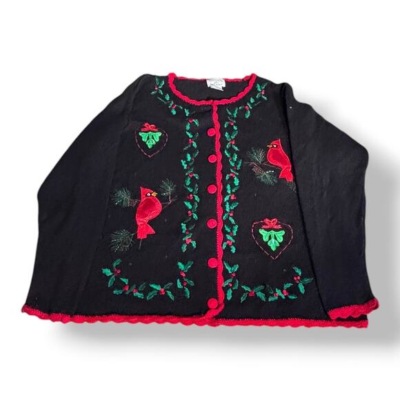 Vintage Black Cardinal Holiday Sweater Plus Size 1X Christmas Embroidered Birds - Picture 5 of 10